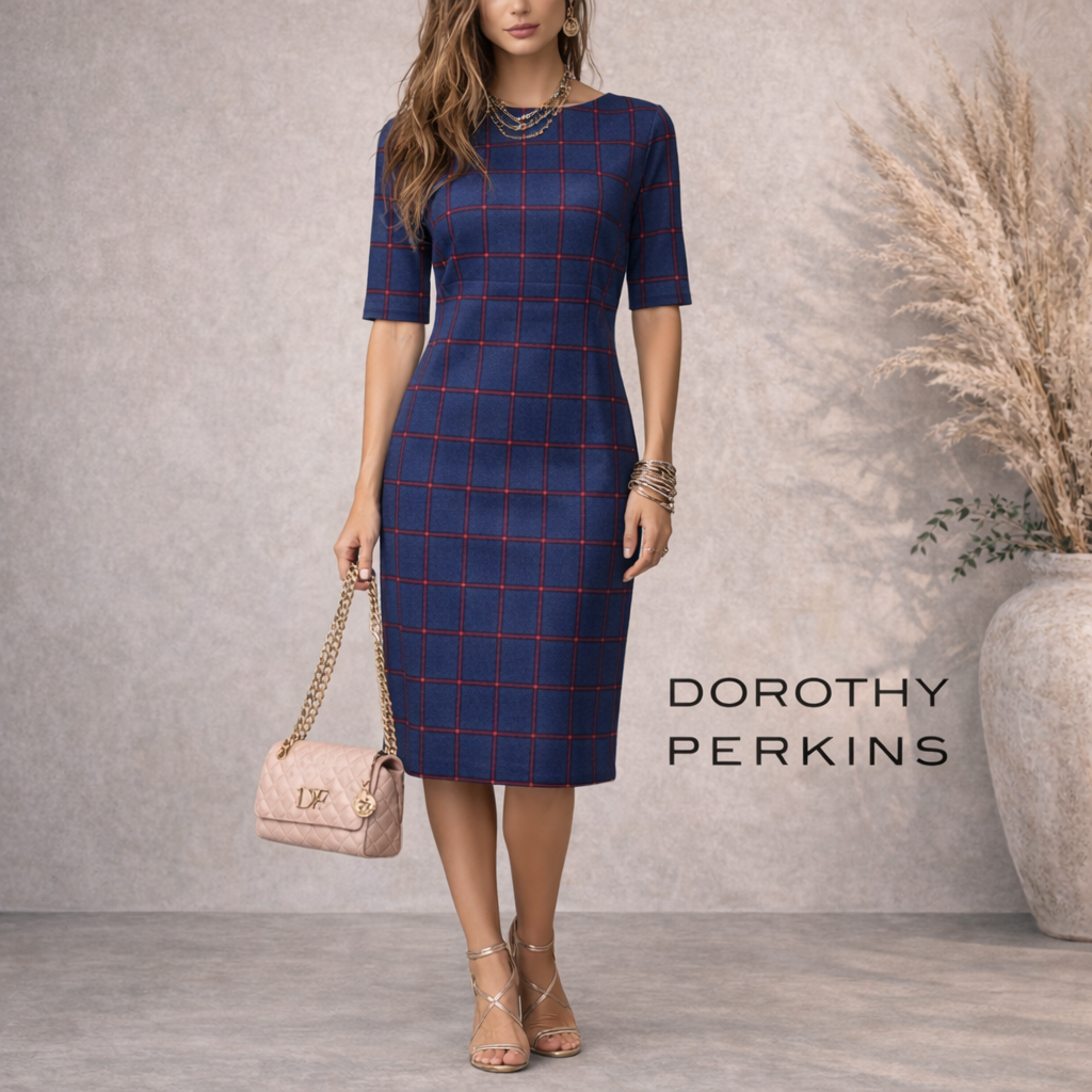 Dorothy Perkins Navy & Red Check Dress UK 10