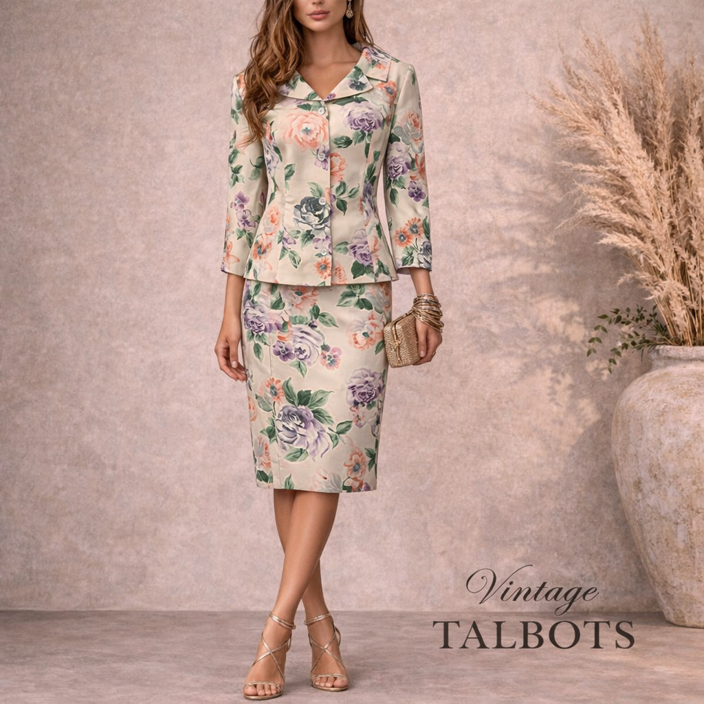 Talbots Stunning Vintage Pure Silk Floral Occasion Skirt Suit UK 12