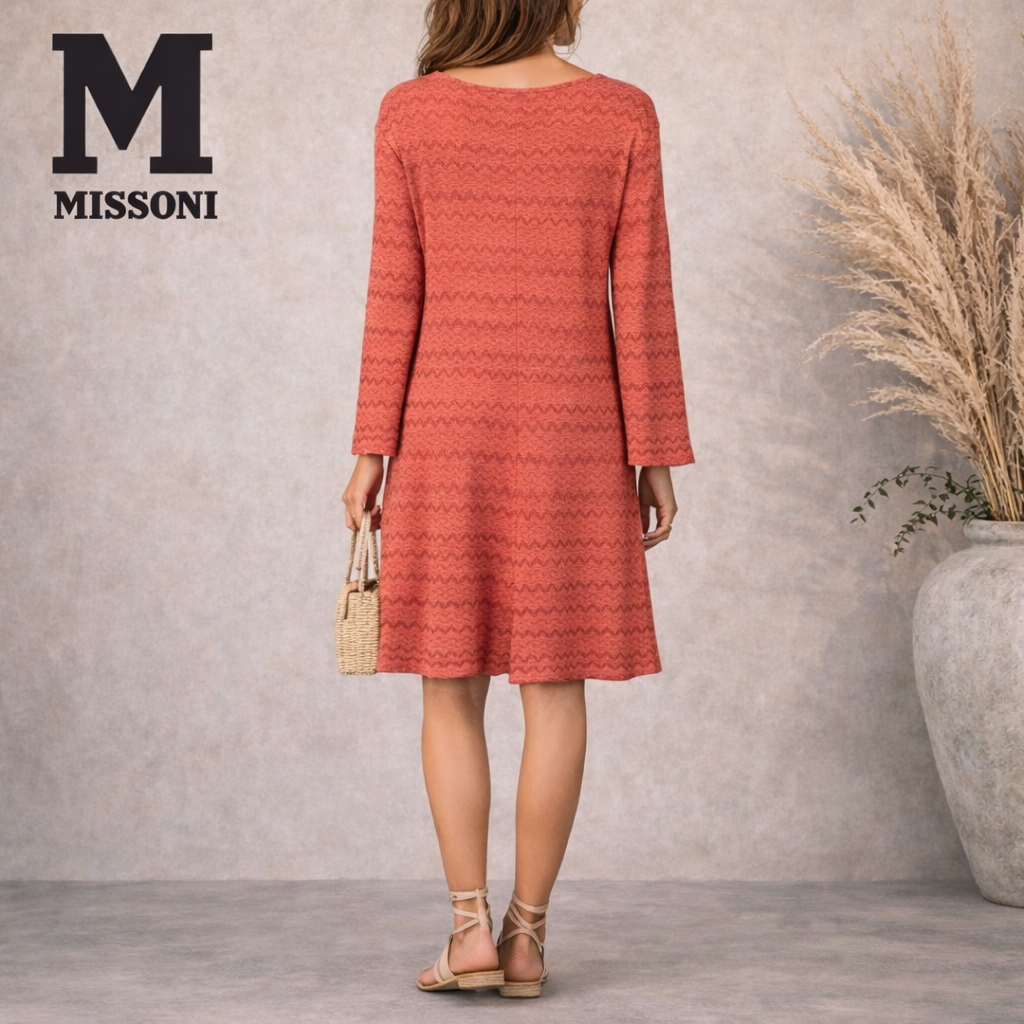 M Missoni Orange Metallic Thread Long Sleeve Dress UK 12