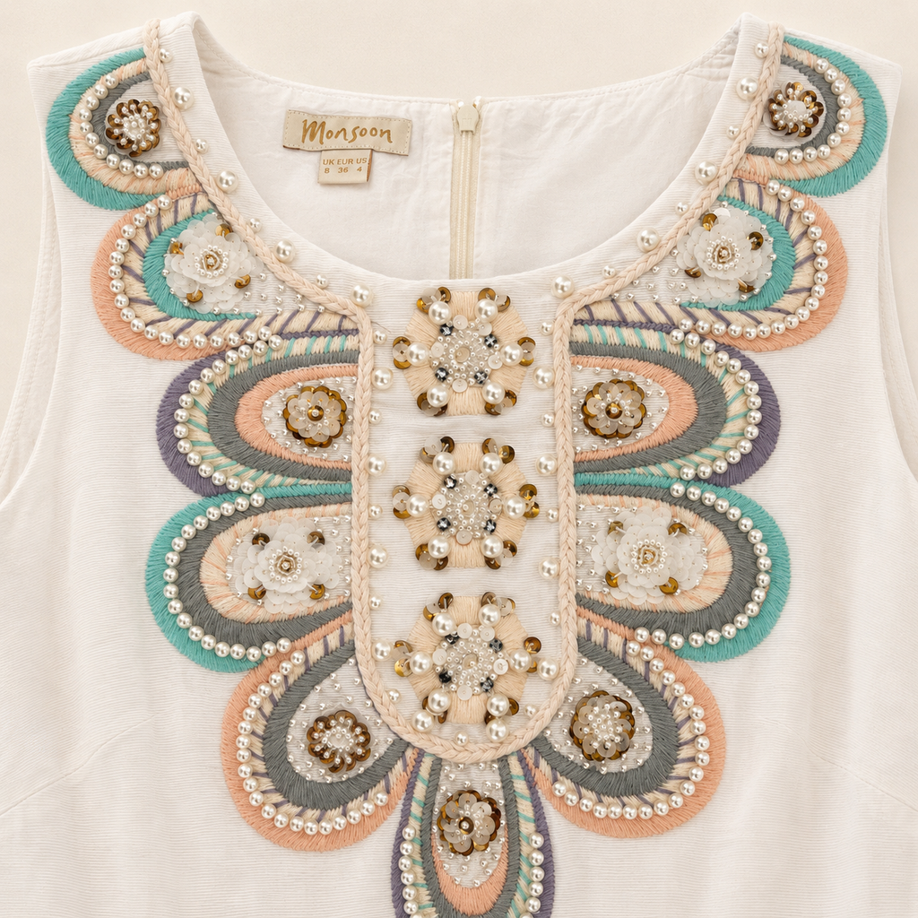 Monsoon Embellished White Cotton Shift Dress UK 8
