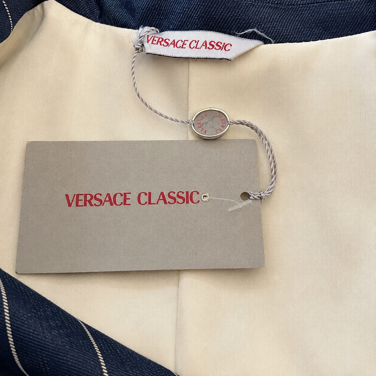 Vintage Versace Classic Navy Chevron Stripe Long Coat IT 42 UK 10
