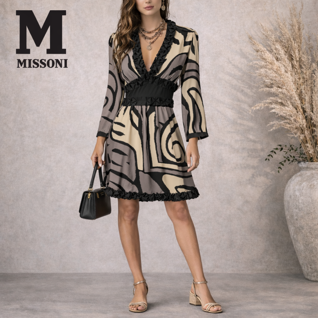 M Missoni Grey Black Cream 3/4 Sleeve Silk V Neck Mini Dress Party UK 12