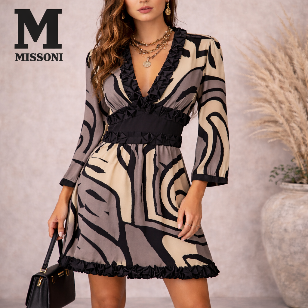 M Missoni Grey Black Cream 3/4 Sleeve Silk V Neck Mini Dress Party UK 12