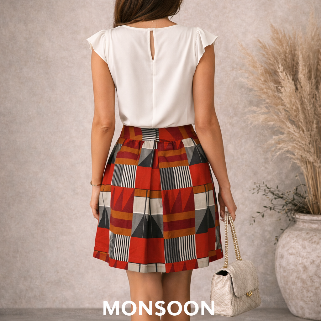Monsoon Red Multi Coloured Needlecord Cotton Skirt UK 8