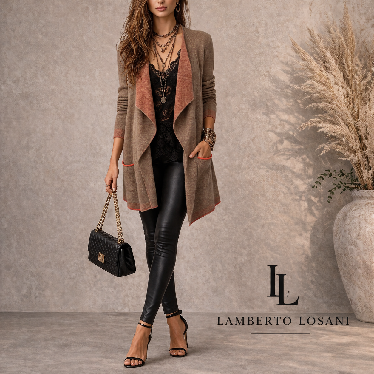 Lamberto Losani Mink Coral Cashmere Silk Waterfall Cardigan UK 10/12