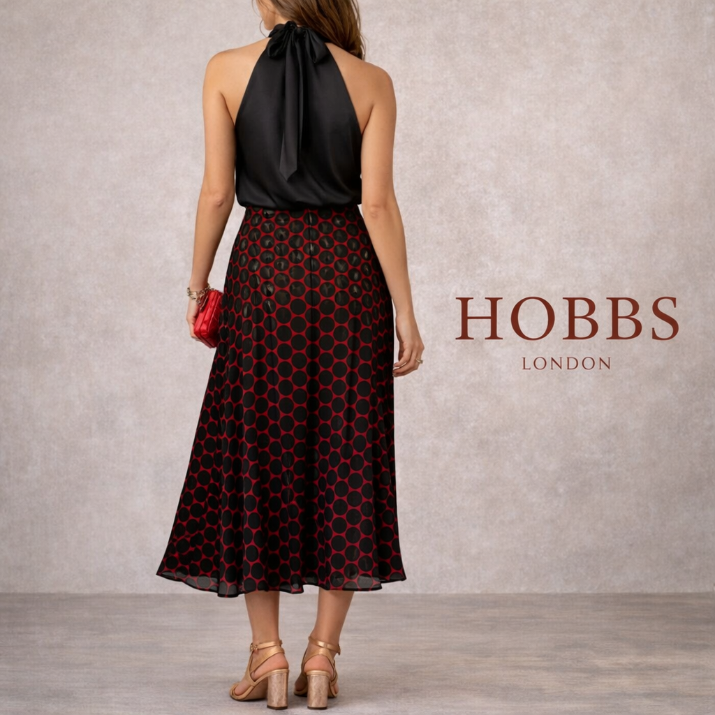 Hobbs Black & Red Silk Polka Dot Flared Skirt UK 8