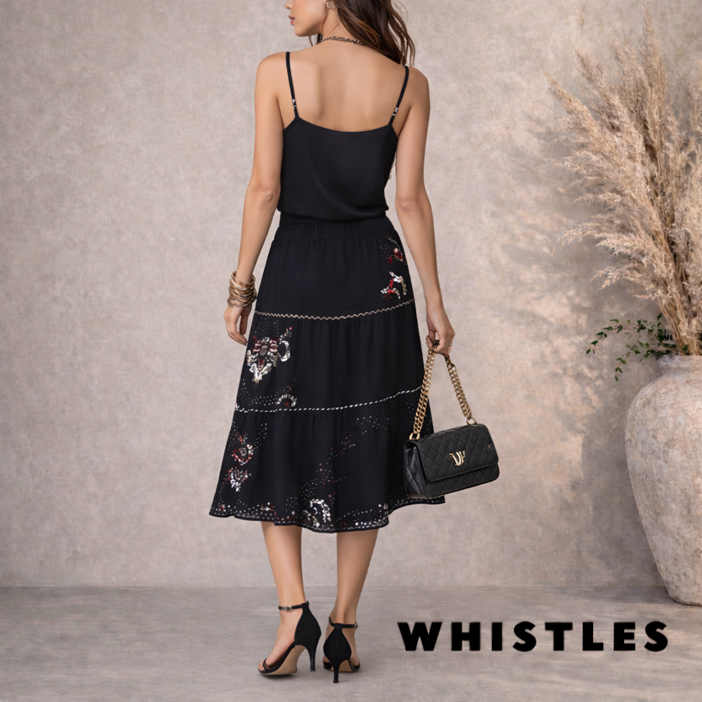 Whistles Navy Silky Beaded Sequin Embroidered Skirt UK 10