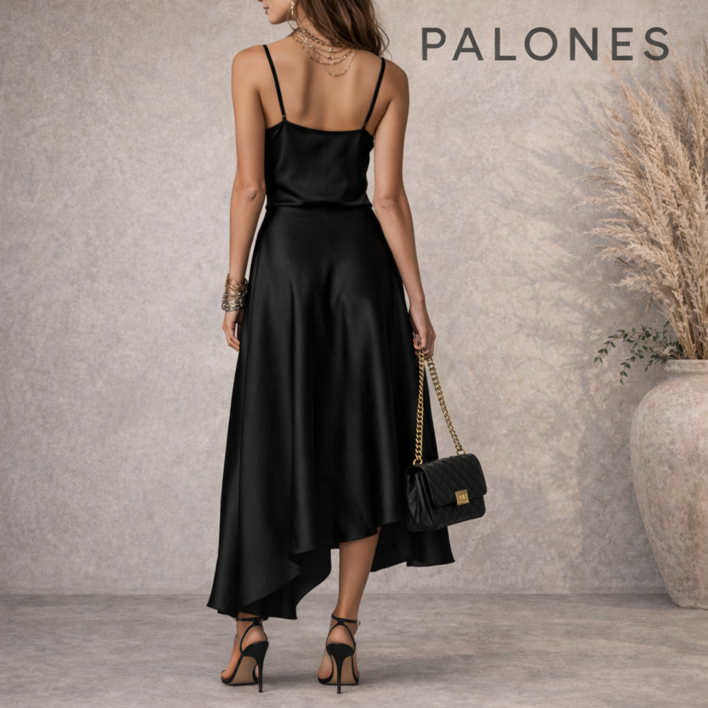 Palones Black Satin Asymmetrical Midi Skirt UK 14