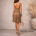 Mikael Aghal Gold Embellished Lace Dress UK 14