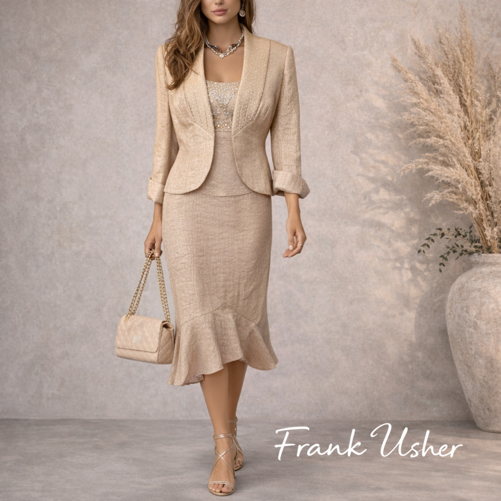 Frank Usher Pale Gold Shimmer 3 Piece Skirt Suit UK 14