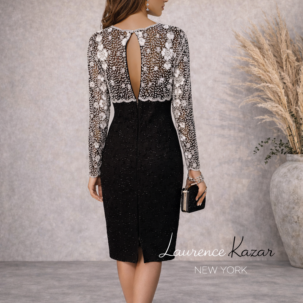 Laurence Kazar Vintage Black & White Beaded Dress 1980 UK 12