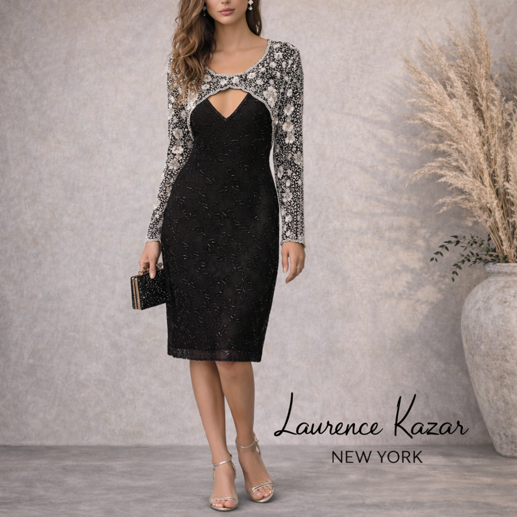 Laurence Kazar Vintage Black & White Beaded Dress 1980 UK 12