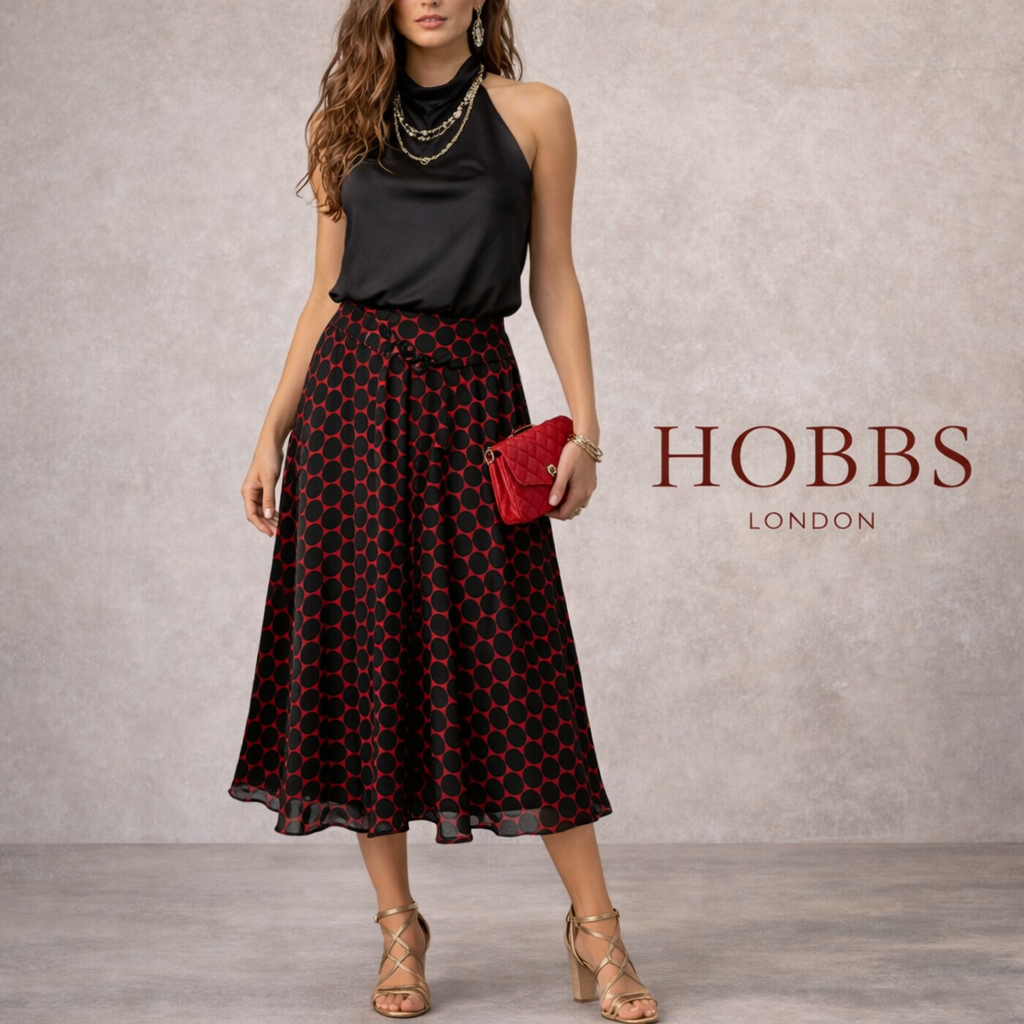 Hobbs Black & Red Silk Polka Dot Flared Skirt UK 8