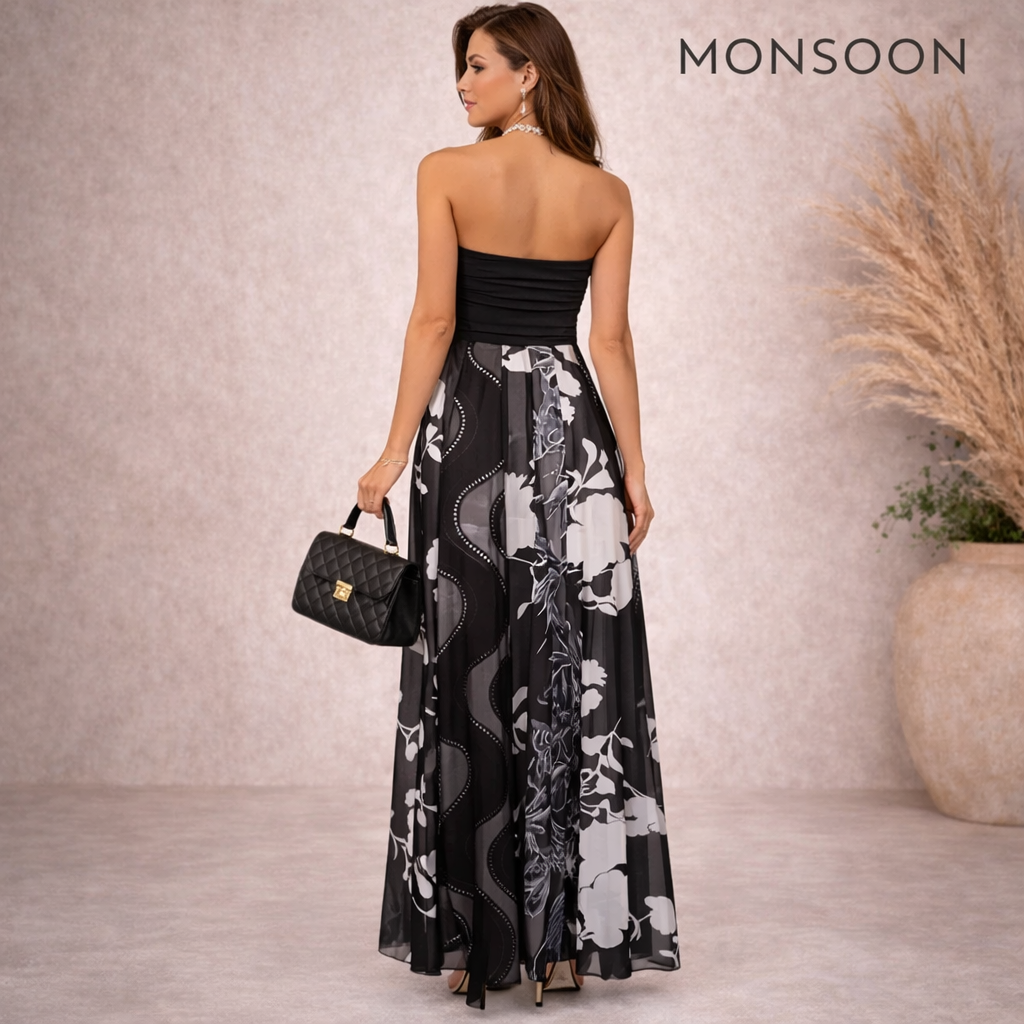 Monsoon Clementine Black Silk Maxi Dress UK 12