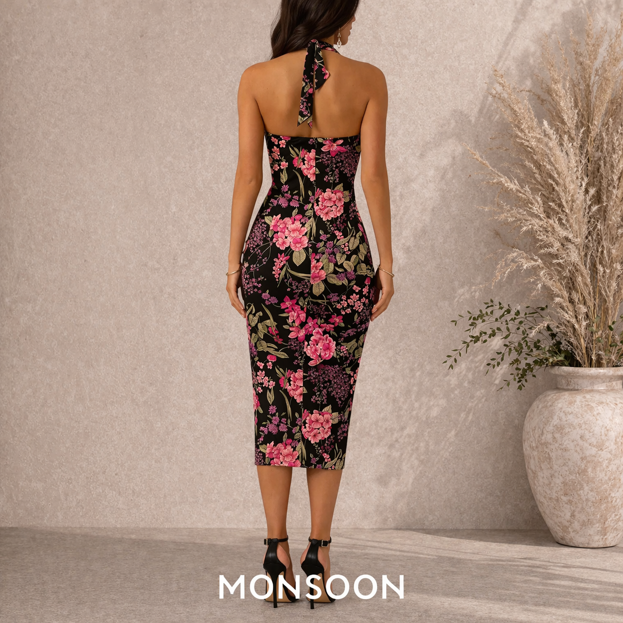Monsoon Black & Pink Floral Cotton Halter Neck Dress UK 8
