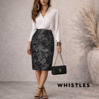 Whistles Navy Black Silver Metallic Wool Floral Skirt UK 10