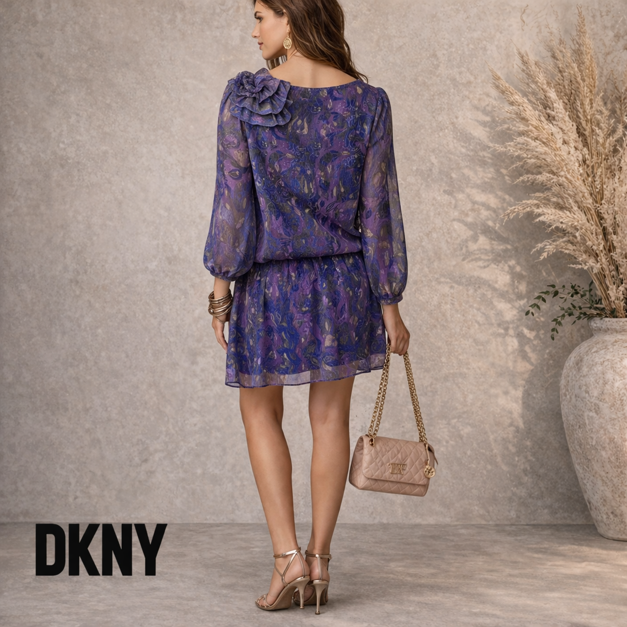DKNY Jeans Purple Blue Chiffon Drop Waist Dress UK 10