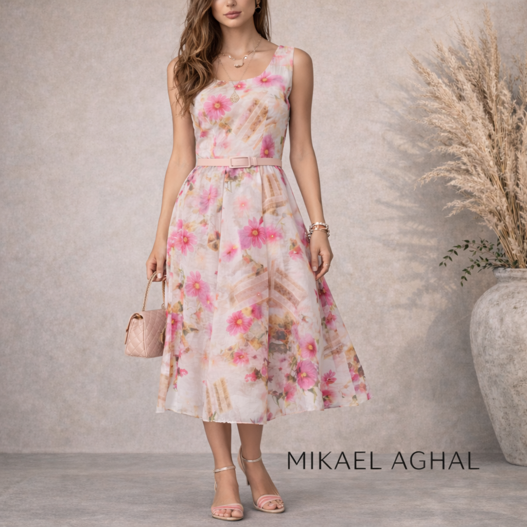 Mikael Aghal Pink Floral Print Fit & Flare Organza Dress UK 6/8