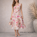 Mikael Aghal Pink Floral Print Fit & Flare Organza Dress UK 6/8