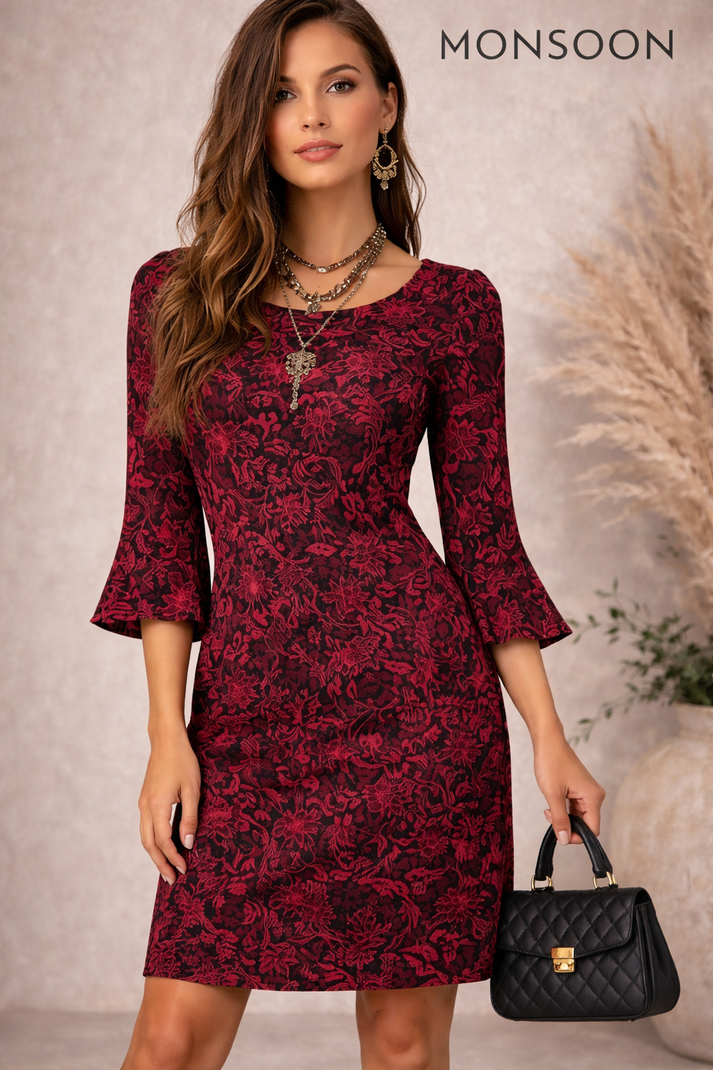 Monsoon Red Textured Floral Dress UK 10