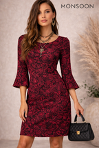 Monsoon Red Textured Floral Dress UK 10