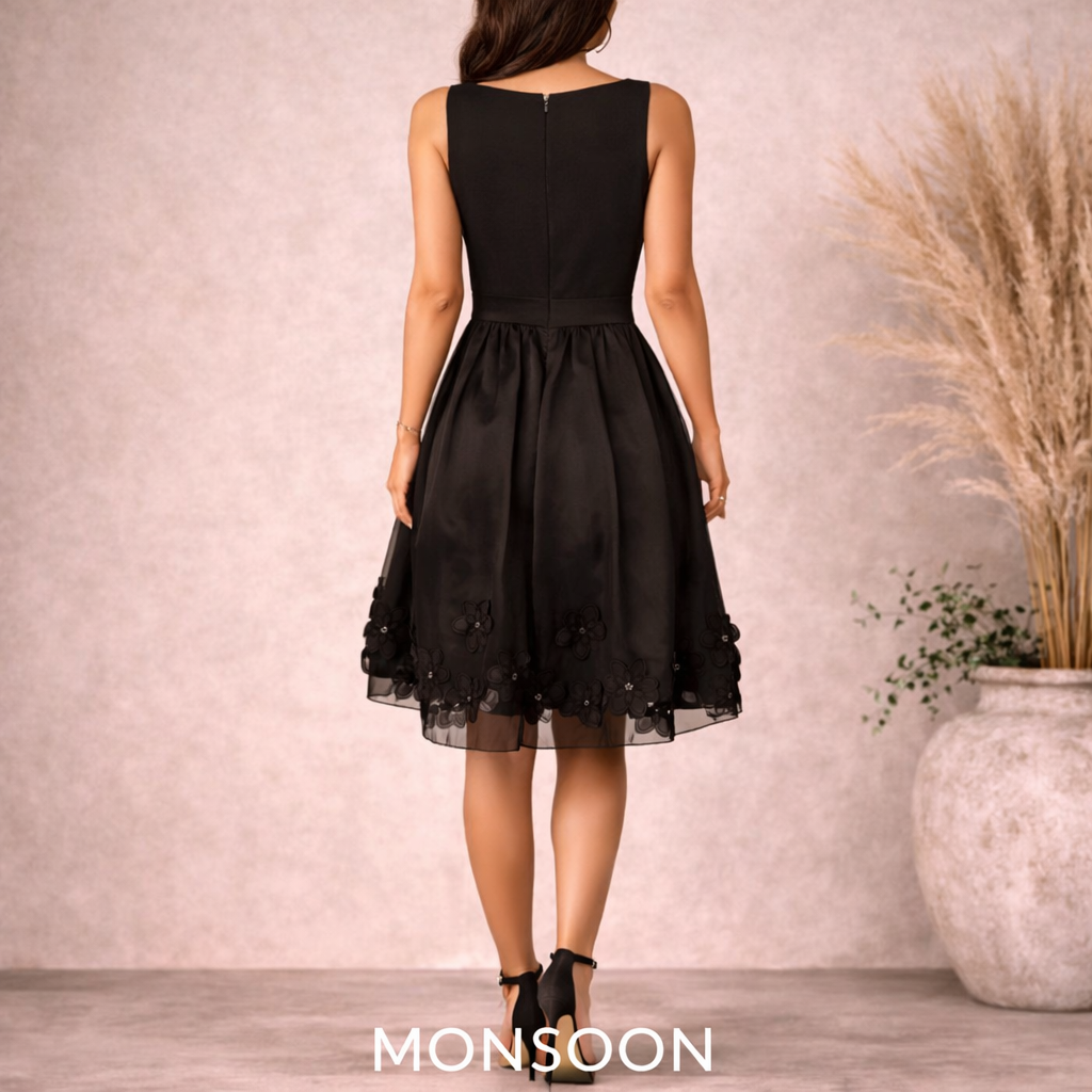 Monsoon Fusion Black Organza Flower Applique Dress UK 10/12