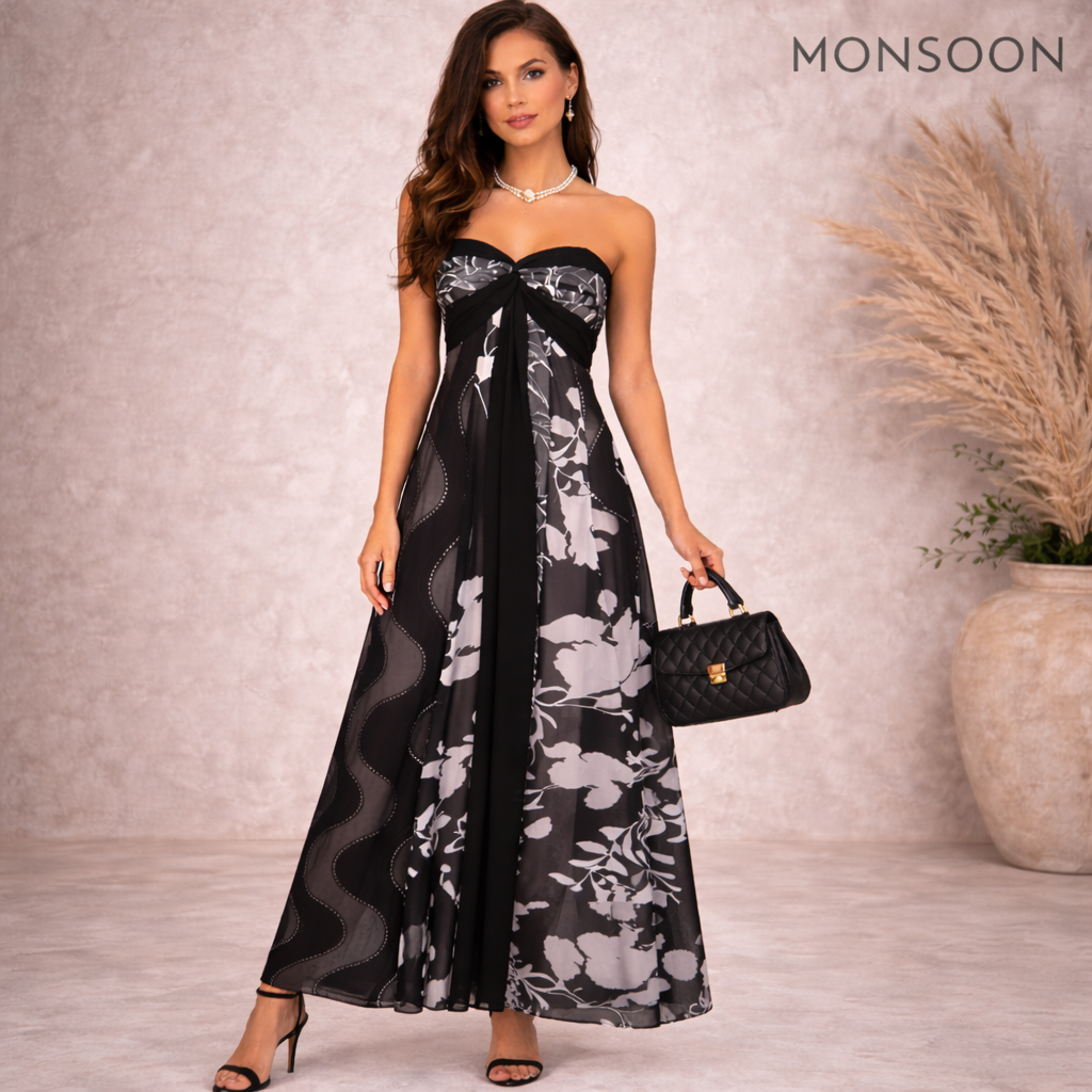 Monsoon Clementine Black Silk Maxi Dress UK 12