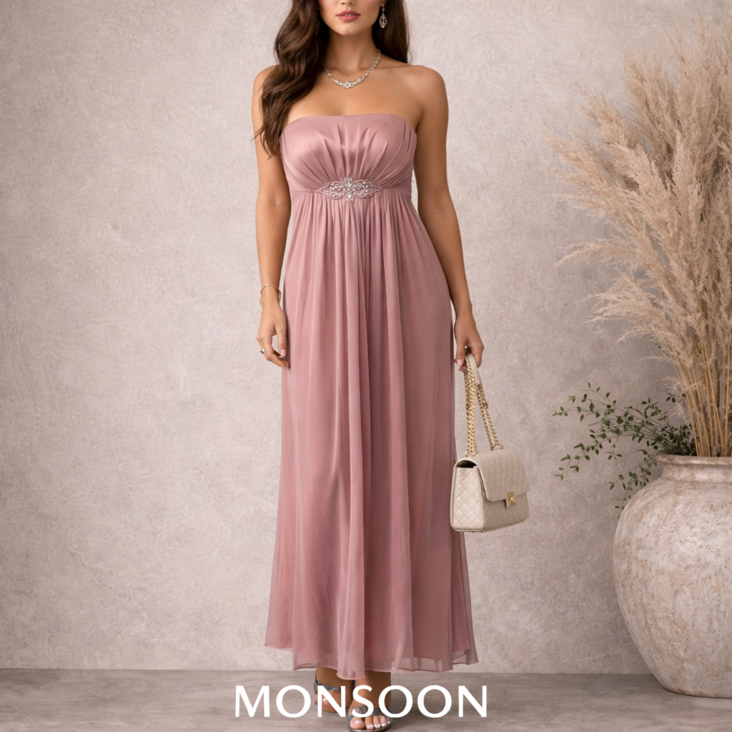 Monsoon Pink Silk Embellished Maxi Dress UK 8/10