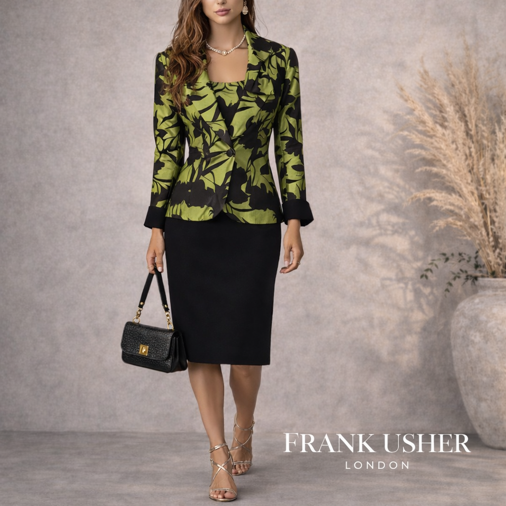 Frank Usher Green Black 3 Piece Skirt Suit UK 10/12