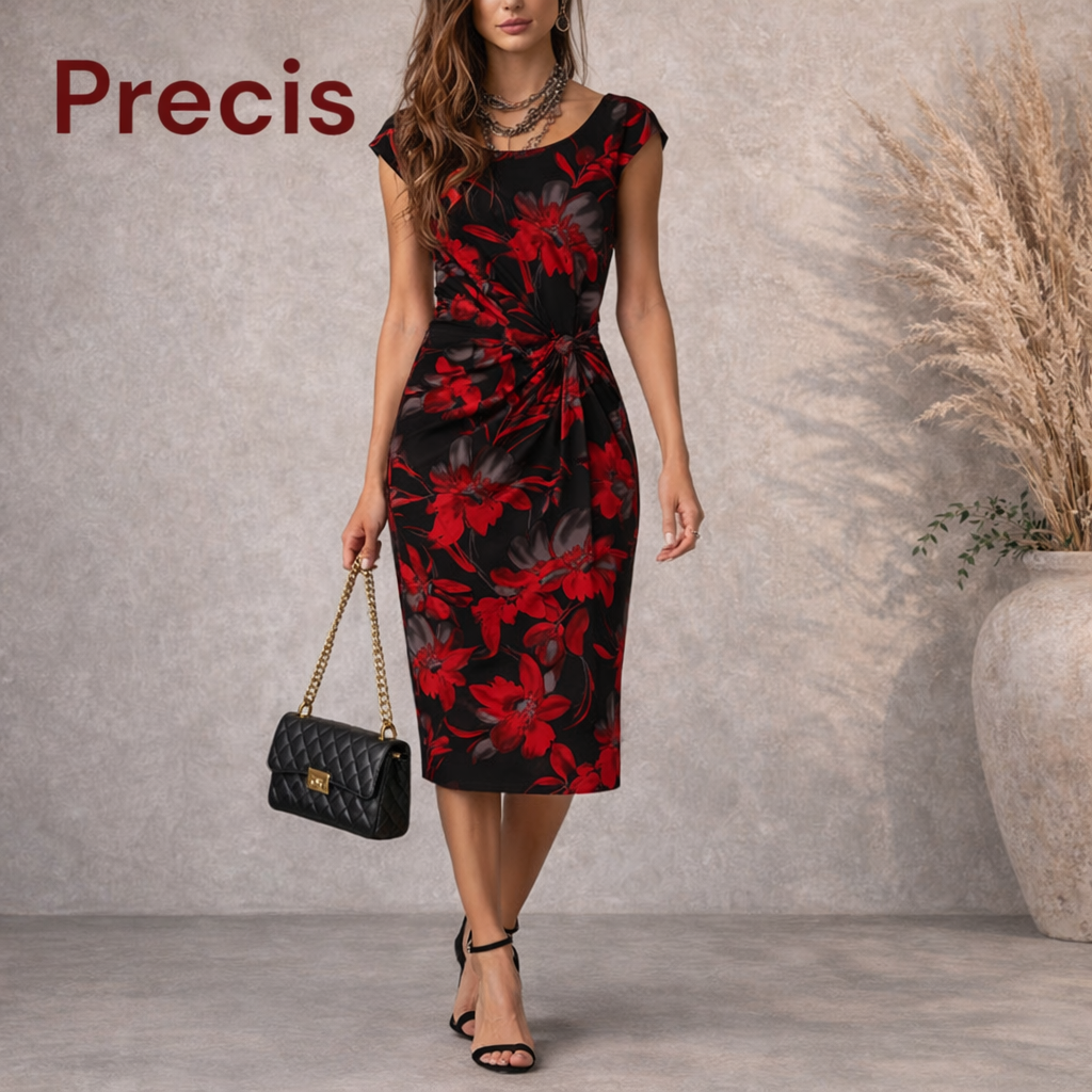 Precis Red Black Floral Sleeveless Silky Dress UK 10
