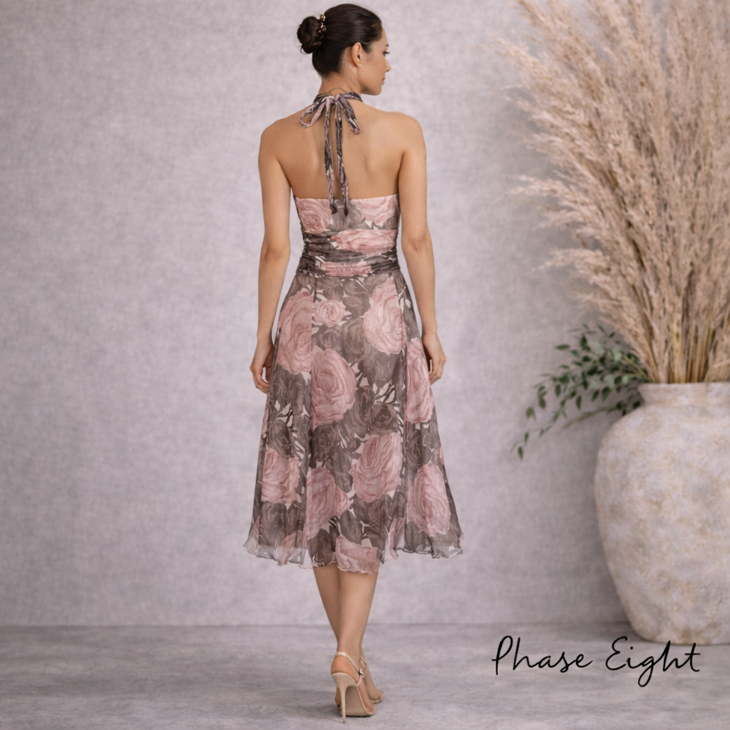 Phase Eight Dusky Pink & Brown Silk Dress UK 10