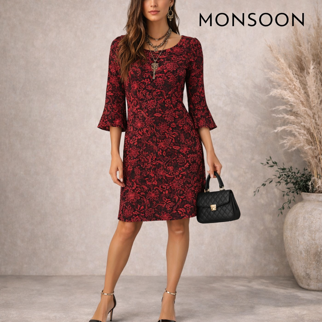 Monsoon Red Textured Floral Dress UK 10