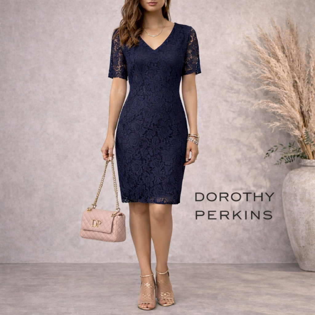 Dorothy Perkins Navy Lace Short Sleeve Dress UK 12