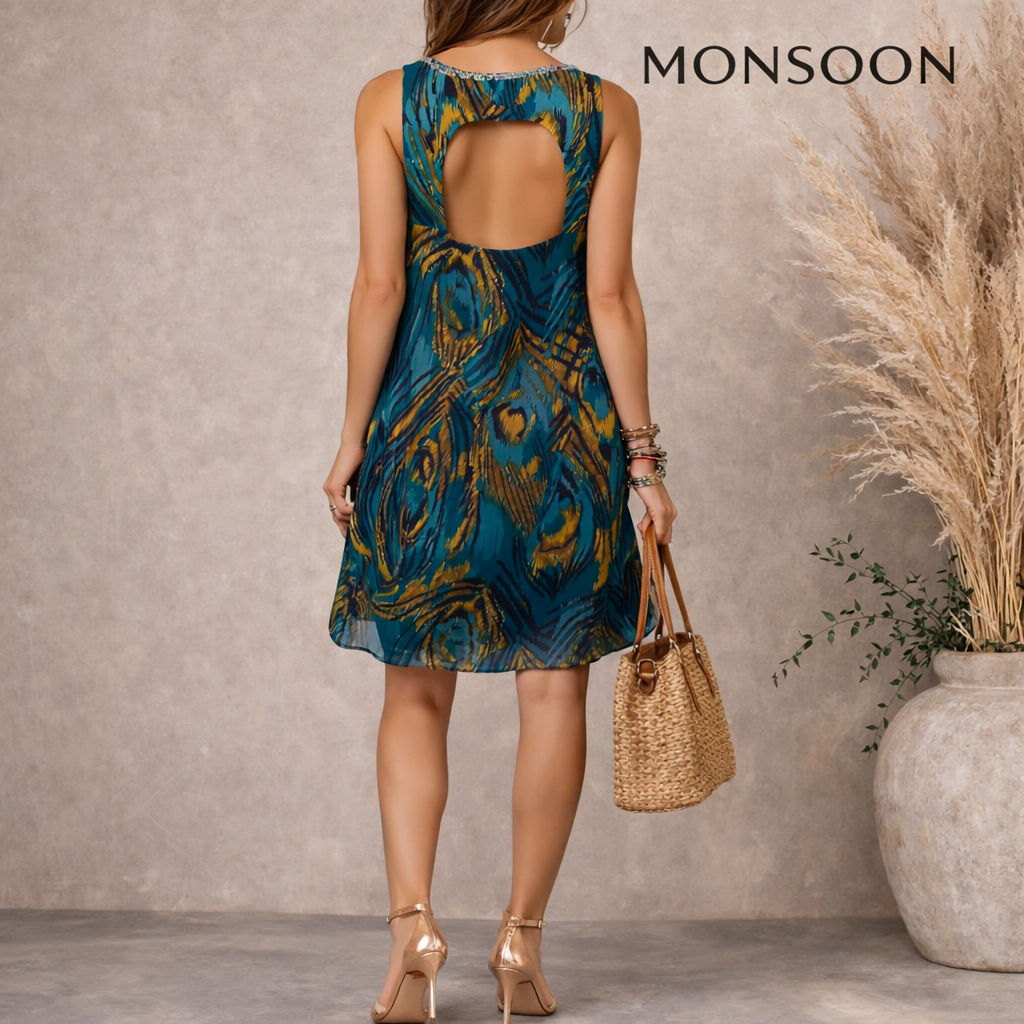 Monsoon Petite Teal Silk Peacock Feather Bronze Sequin Dress UK 6