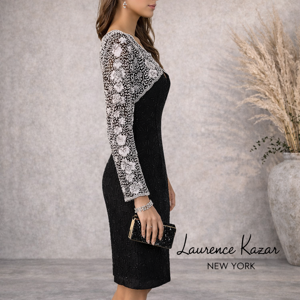 Laurence Kazar Vintage Black & White Beaded Dress 1980 UK 12