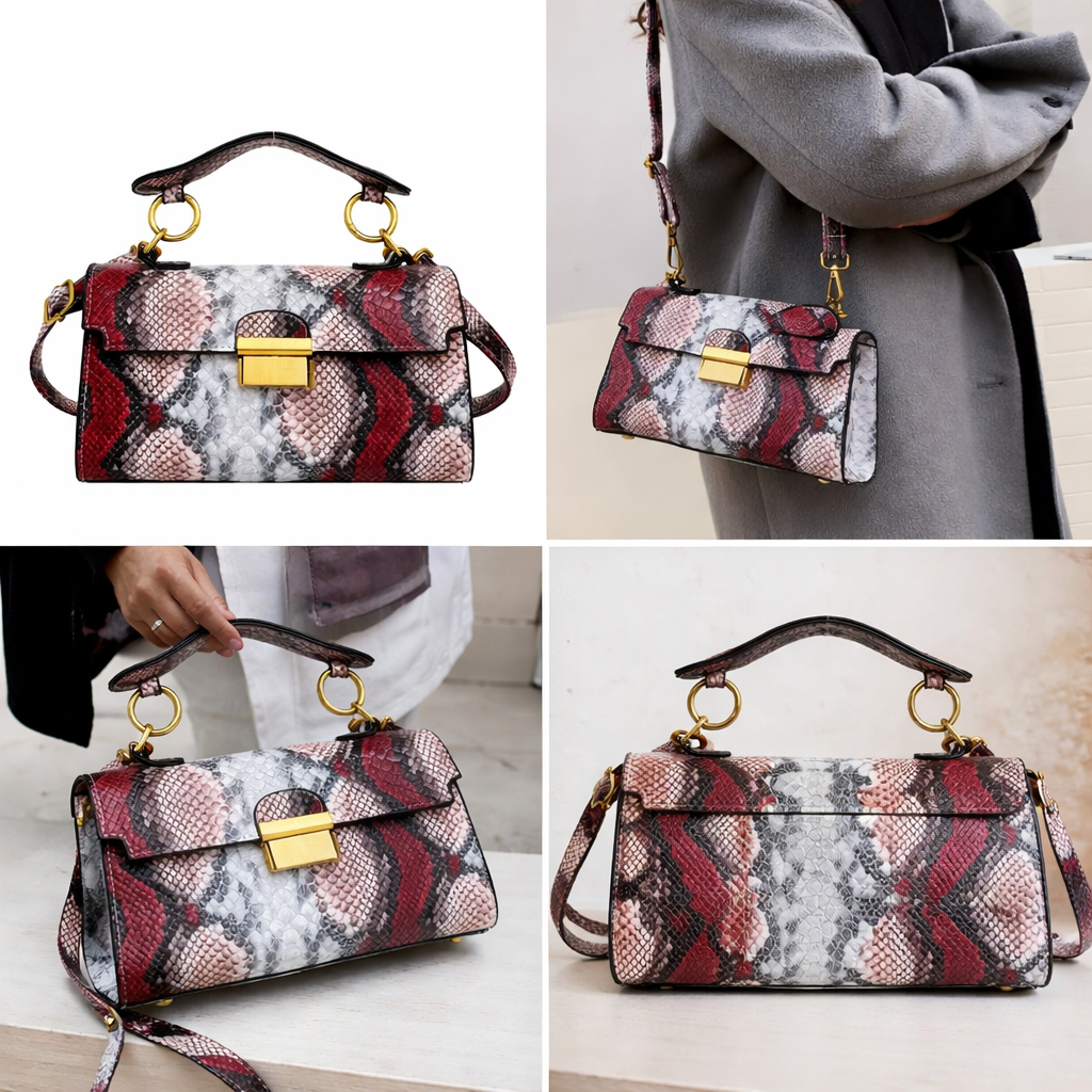 Snake Print Handbag Detachable Strap & Golden-Tone Hardware - NEW