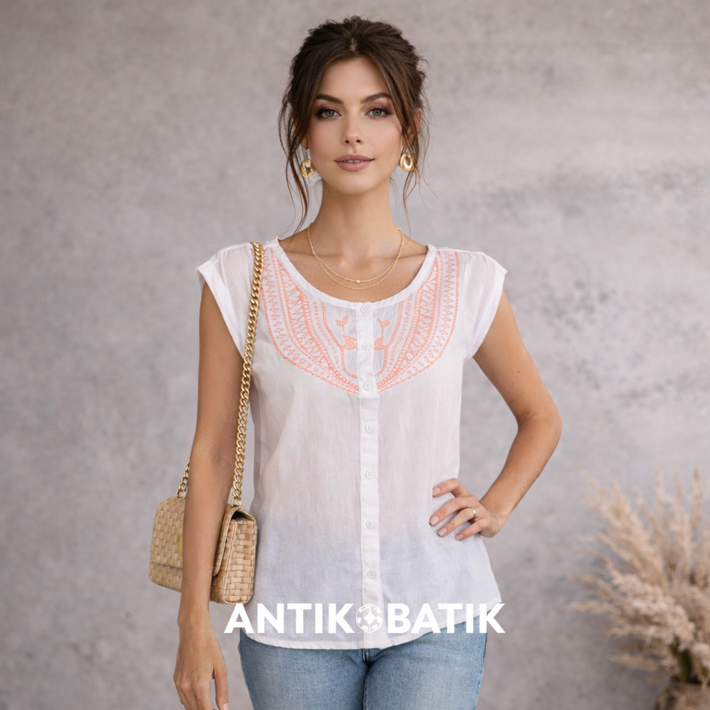Antik Batik White Cotton Neon Coral Top UK 12