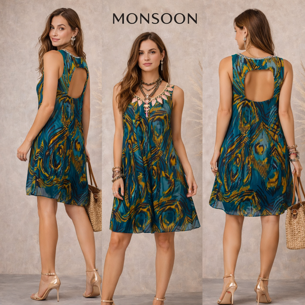 Monsoon Petite Teal Silk Peacock Feather Bronze Sequin Dress UK 6