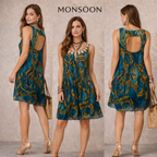 Monsoon Petite Teal Silk Peacock Feather Bronze Sequin Dress UK 6