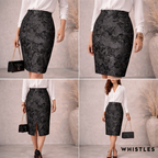 Whistles Navy Black Silver Metallic Wool Floral Skirt UK 10