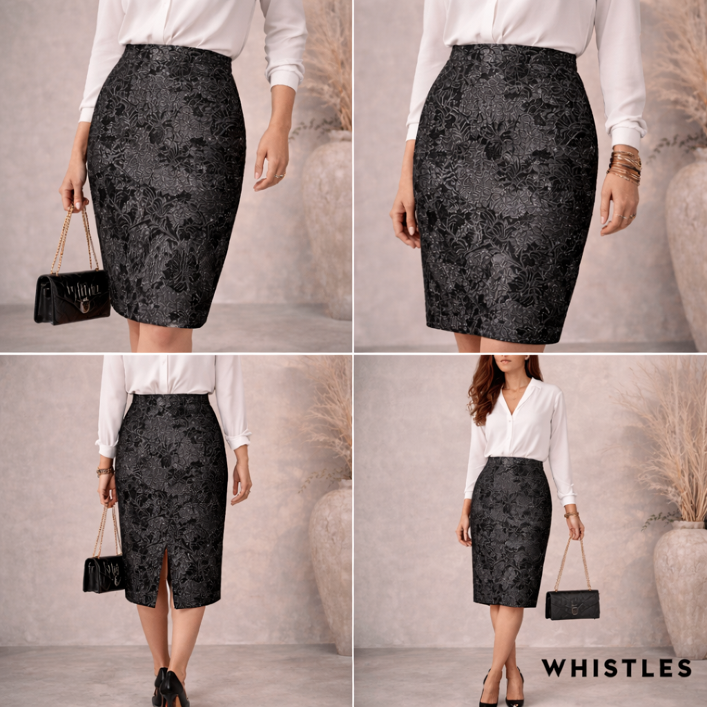 Whistles Navy Black Silver Metallic Wool Floral Skirt UK 10
