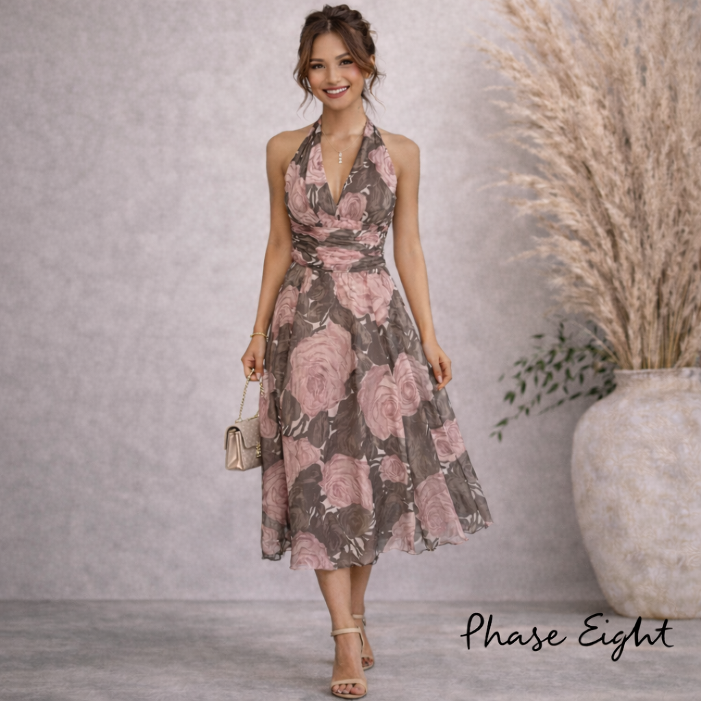 Phase Eight Dusky Pink & Brown Silk Dress UK 10