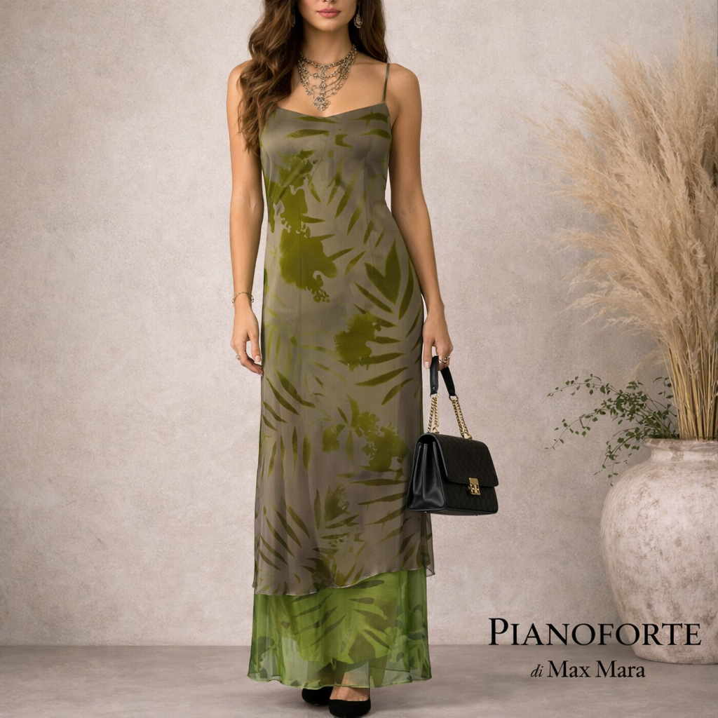 Pianoforte di Max Mara Green Silk Leaf Dress IT 44 UK 12