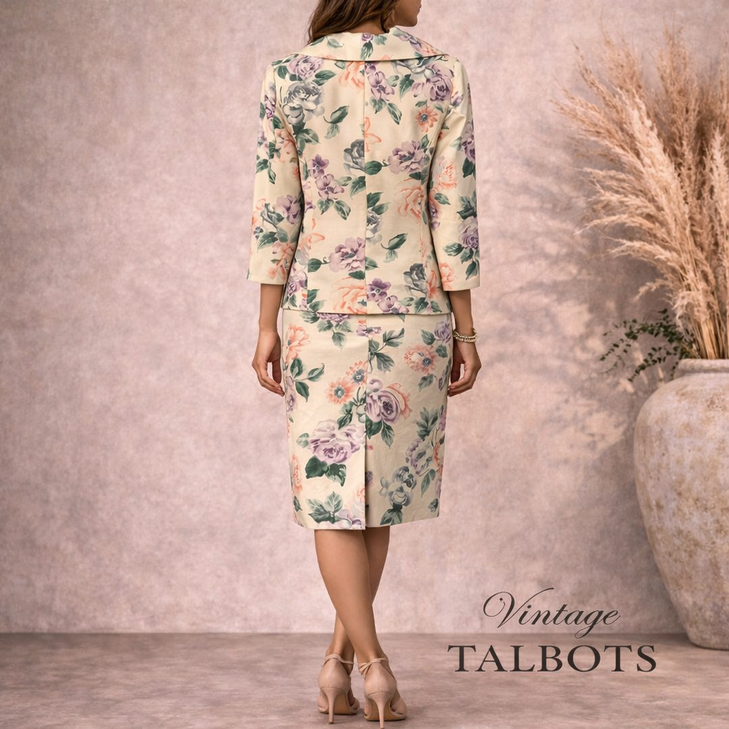 Talbots Stunning Vintage Pure Silk Floral Occasion Skirt Suit UK 12