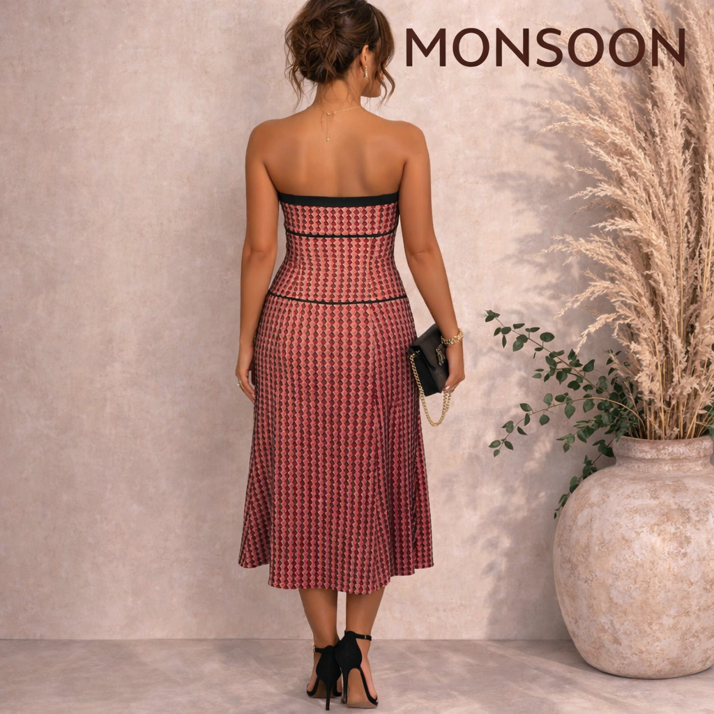 Monsoon Red Spotted Strapless Silk Dress UK 12