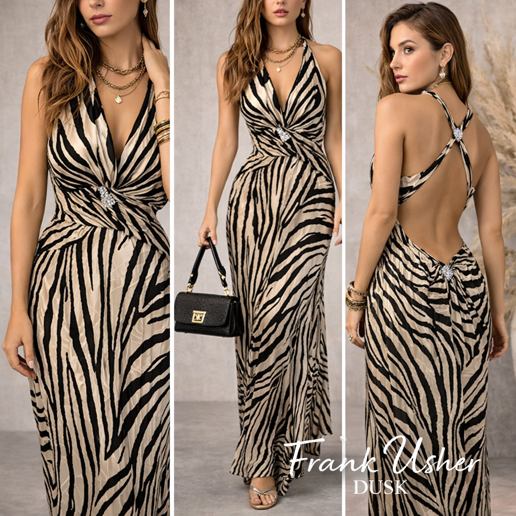 Frank Usher Dusk Gold Black Silk Halter Cocktail Maxi Dress UK 14