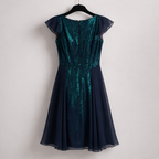 REISS Navy Chiffon Overlay, Emerald Sequin Dress UK 10