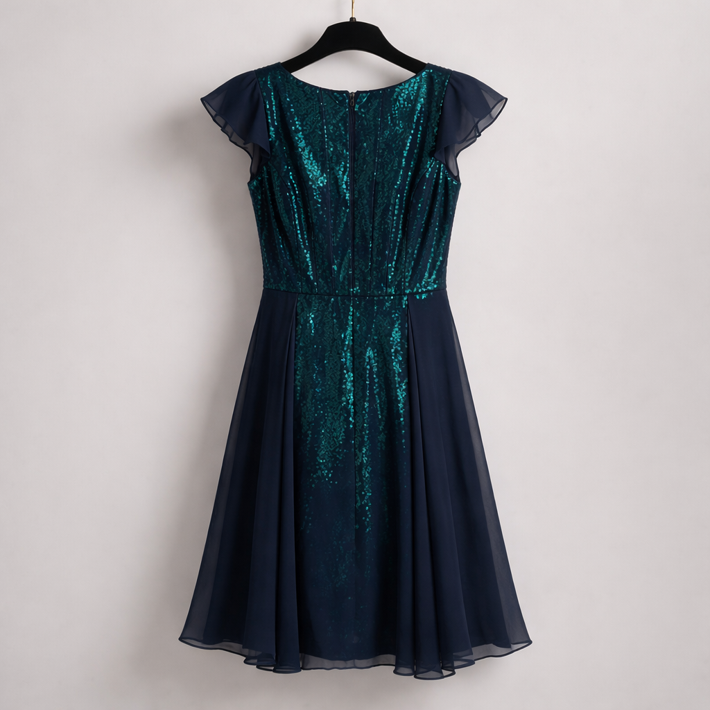 REISS Navy Chiffon Overlay, Emerald Sequin Dress UK 10