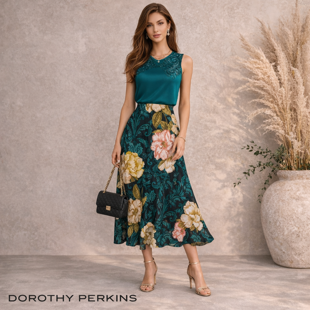 Dorothy Perkins Green Floral Silky Midi Skirt UK 10