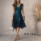 REISS Navy Chiffon Overlay, Emerald Sequin Dress UK 10